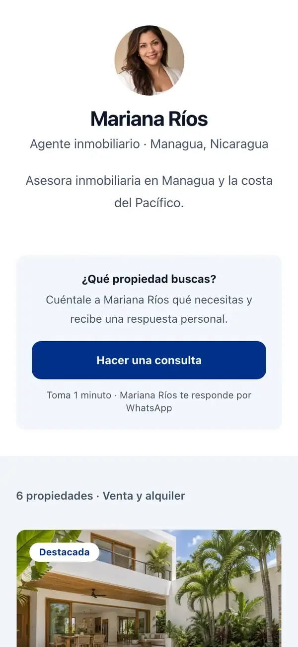 Perfil público de Mariana Ríos, agente inmobiliaria en Managua, creado con Zalo