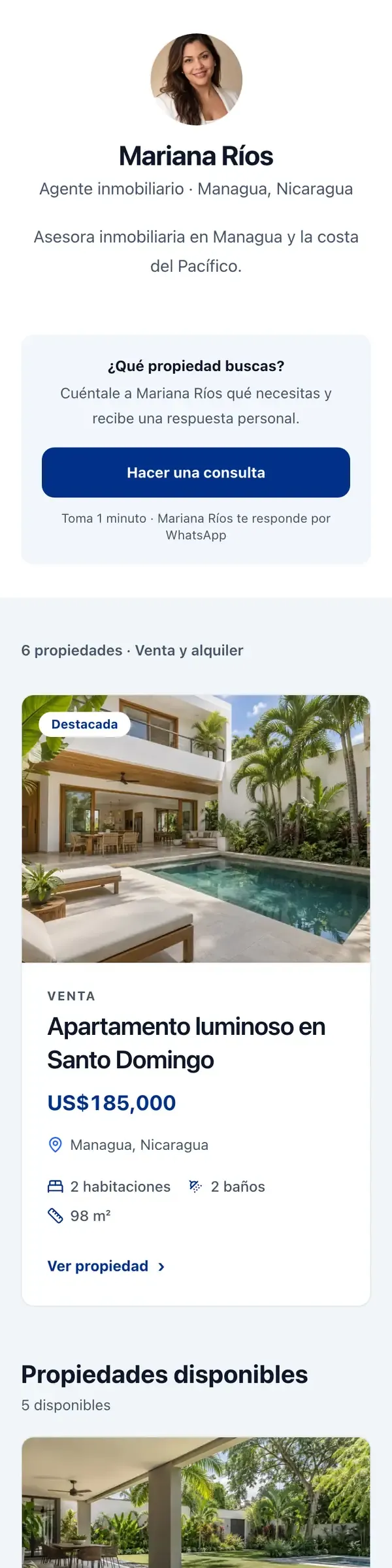 Perfil público de Mariana Ríos, agente inmobiliaria en Managua, con sus propiedades